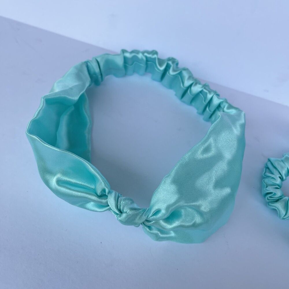 New Bow Headband Hair Ponytail Set Aqua Blue Satin Women’s & Girl - Picture 6 of 16